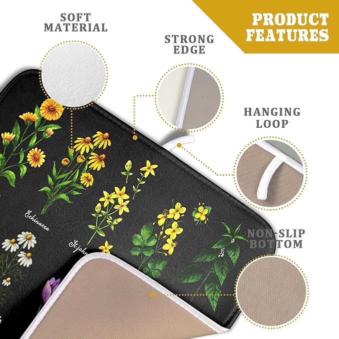Black Flower Herbs Dish Drying Mat 16x18 Inch Botanical Floral Microfiber Drying Mats with Hanging Loop Foldable Absorbent Dish Drainer Rack Pad