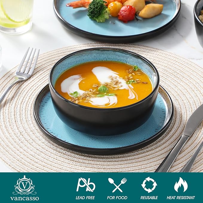 vancasso Plates and Bowls Sets, 24 Pieces Stoneware Dinnerware Sets for 8, Kitchen Dish Set Mircowave and Dishwasher Safe Dinner Set Ceramic Dishware, Sky Blue, Series AMBER