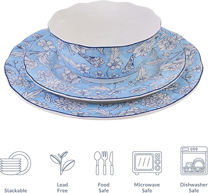 222 Fifth 12-Piece Porcelain Dinnerware Set for 4, White & Light Blue Plates and Bowls Set, Glossy Ceramic Dish Set with Ornate Floral Design, Kitchen Tableware, Microwave & Dishwasher Safe, Cleremont