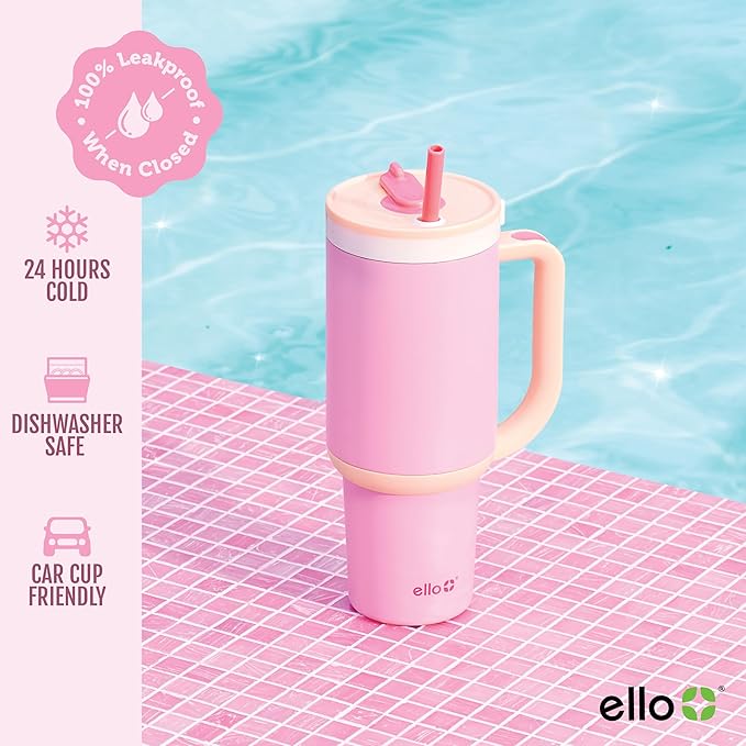 Ello Oasis 30 oz Tumbler with Handle & Retracting Straw | Reusable Insulated Stainless Steel Cup 100% Leakproof, Gifts for Teens Women Men | Keeps cold for 24 Hours, Cup Holder Friendly, Sunrise Glow