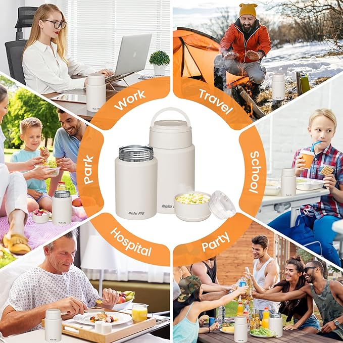 2 Pack Soup Thermo for Hot Food for Adults, Insulated Food Jar, Stainless Steel Vacuum Thermal Lunch Box Containers with Carry Bag and Spoon (18.5oz, 27oz) (White)