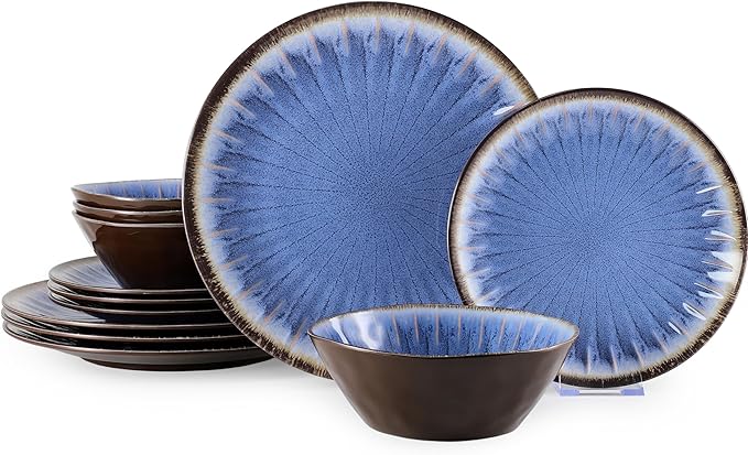 Melamine Dinnerware Sets 12 Pcs, Plates and Bowls Sets, Melamine Plates, Outdoor Dishes Sets, Unbreakable Dinnerware, Serving Dishes for Entertaining, Dishwasher Safe, BPA Free (Classic Blue)