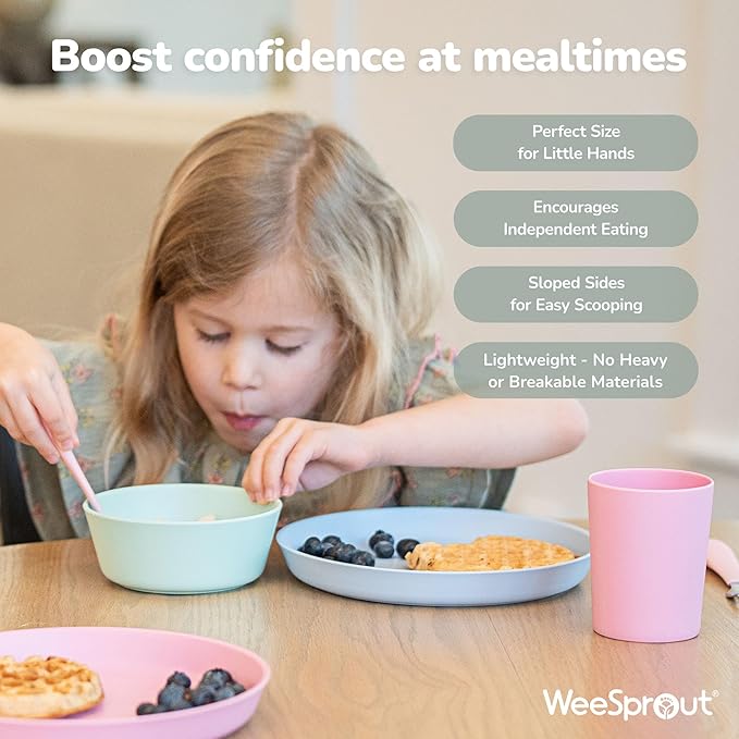 WeeSprout Bamboo Kids Bowls with Lids, Set of Four 10 oz Kid-Sized Dinnerware, Cereal, Leftovers & Snack Bowl, Dishwasher Safe (Blue, Yellow, Orange, & Red)