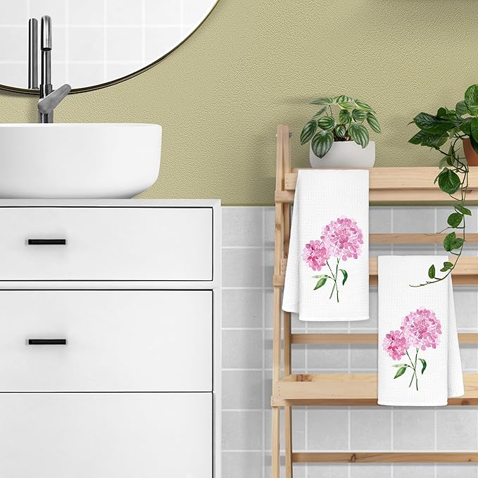 Pink Hydrangea Floral Hand Towels for Bathroom Spa Gym, Rustic Kitchen Towels Hydrangea Botanical Dish Tea Towels for Kitchen Decor, 16x24 Inch Set of 2