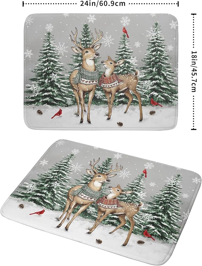 Winter Deer Dish Drying Mat Pine Tree Absorbent Dish Dry Pad Seasonal Microfiber Dish Drainer Mats for Kitchen Counter Coffee Bar 18x24 in