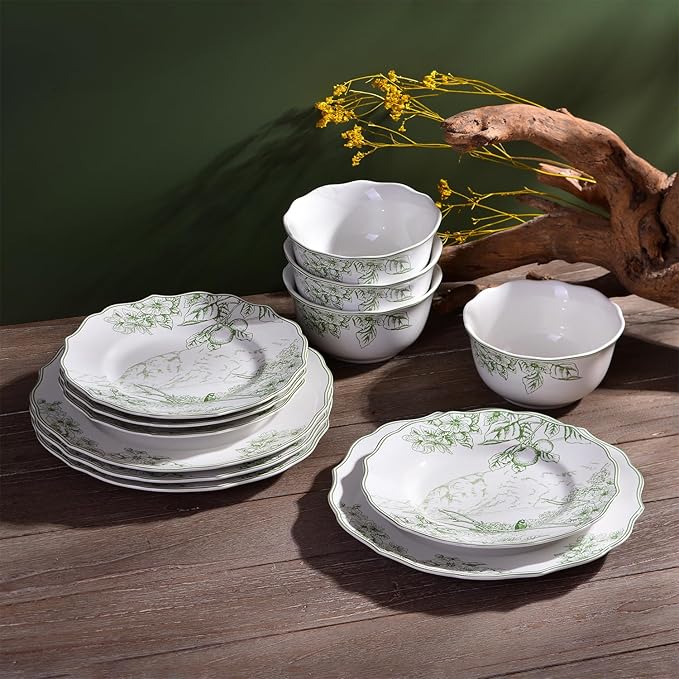 222 Fifth 12-Piece Porcelain Dinnerware Set for 4, Elegant Floral Plates and Bowls Sets-White/Green Ceramic Dishes, Chip Resistant Kitchen & Dining Dish Set, Microwave & Dishwasher Safe, Hudson Valley