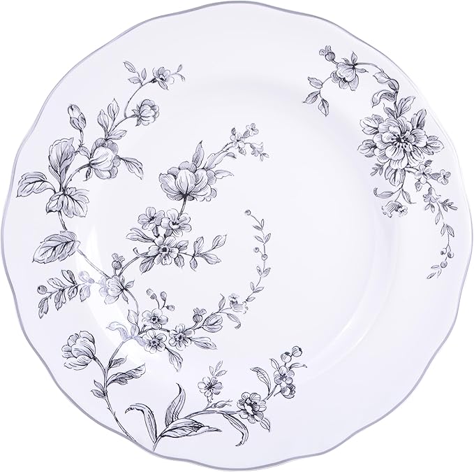222 Fifth 12-Piece Porcelain Dinnerware Set for 4, White & Black Plates and Bowls Set, Glossy Ceramic Dish Set with Delicate Floral Design, Elegant Kitchen Dishes, Microwave & Dishwasher Safe, Bellamy