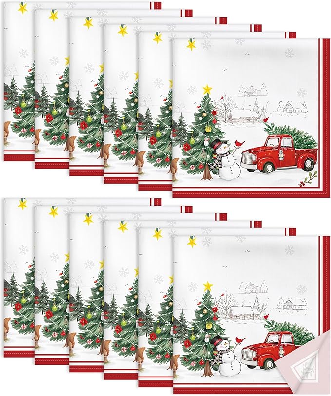 Christmas Snowman Pine Tree Napkins, 18×18 Inch Dinner Cloth Napkins Set of 12, Washable Cotton Soft Absorbent Square Table Top Decoration for Dining Kitchen Party Wedding