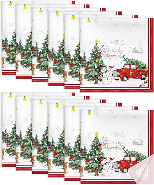 Christmas Snowman Pine Tree Napkins, 18×18 Inch Dinner Cloth Napkins Set of 12, Washable Cotton Soft Absorbent Square Table Top Decoration for Dining Kitchen Party Wedding