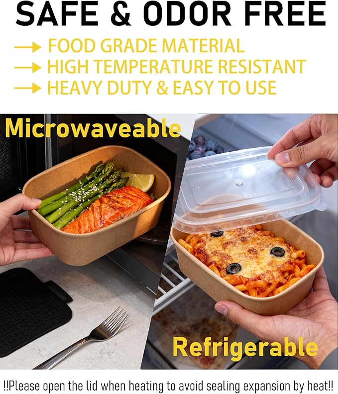 25OZ Paper Food Containers [with Lids & Forks] Disposable Meal Prep Containers 50 Pack Rectangle Take Out Box for Salad, Hot/Cold Food, Treat Serving Bowls for To Go Food, Office Lunch, Picnic, Party