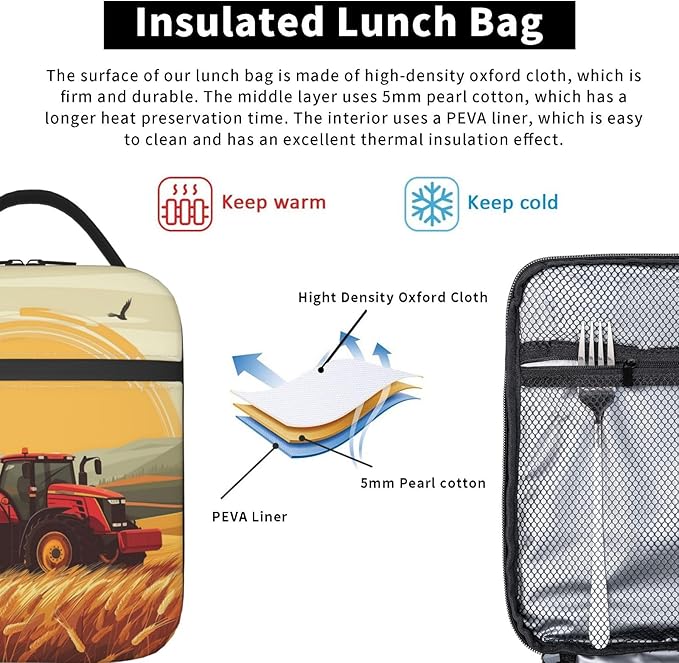 Tractor Lunch Box for Women Men, Insulated Lunch Box Reusable Portable Lunch Bag Cooler Tote Waterproof Lunch Container for Office Picnic Work Travel
