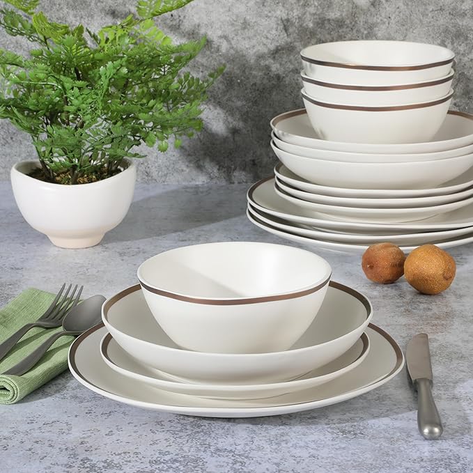 Gibson Elite Kings Road Double Plates and Bowl Organic Round Porcelain Chip and Scratch Resistant Dinnerware Set - Matte White w/Gold Rim
