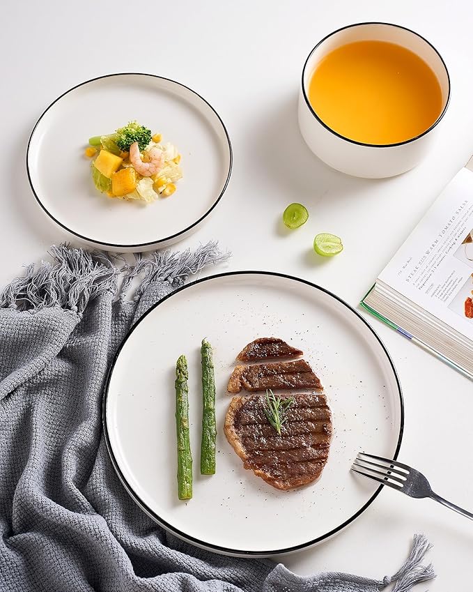 Famiware Porcelain Dinnerware Set, 18-Piece Modern Plate and Bowl Set, dish set for 6, Microwave and Dishwasher Safe Tableware, White with Black Trim