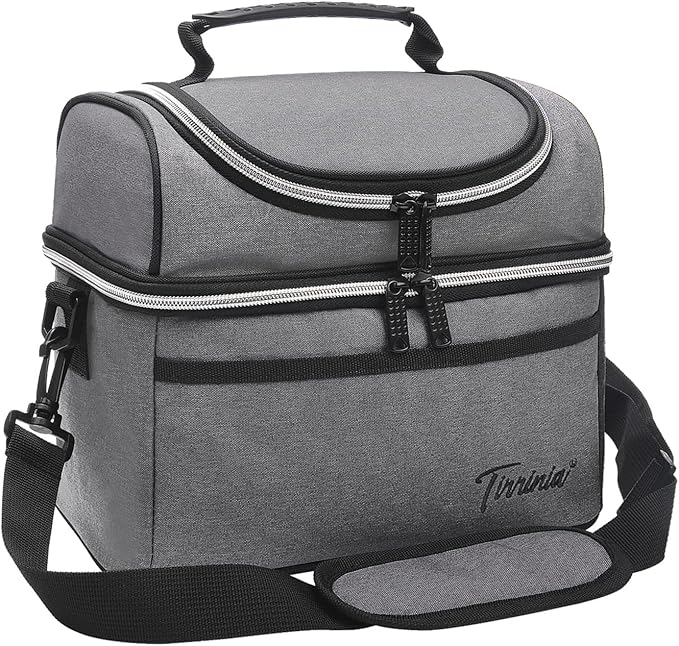 Tirrinia Reusable Lunch Box for Men Women, Insulated Lunch Bag Adult Work, Double Decker Leakproof Lunchbox for Office Picnic Beach—Dual Compartment Lunch Cooler Bag,Grey