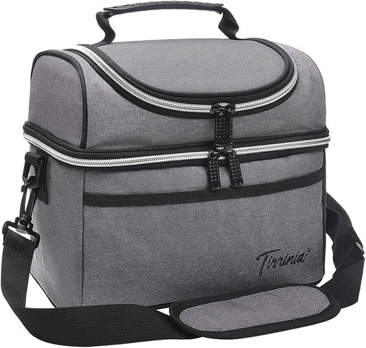 Tirrinia Reusable Lunch Box for Men Women, Insulated Lunch Bag Adult Work, Double Decker Leakproof Lunchbox for Office Picnic Beach—Dual Compartment Lunch Cooler Bag,Grey