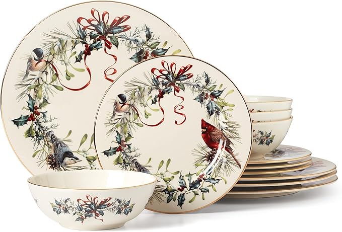 Lenox 894540 Winter Greetings 12-Piece Dinnerware Set, Red & Green, 12 Count, Christmas, Holiday Hosting