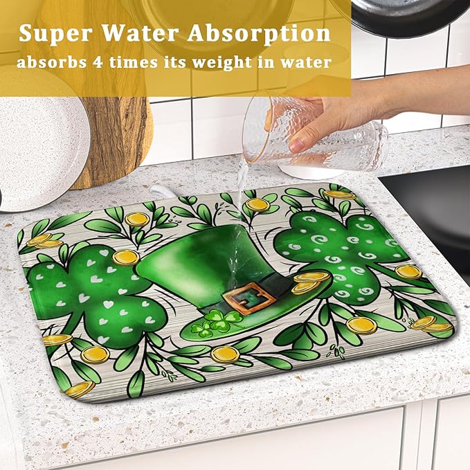 St Patrick's Day Shamrock Dish Drying Mat 16x18 inch Eucalyptus Leaves Dishes Pad Dish Drainer Mats Absorbent Fast Dry Kitchen Accessories