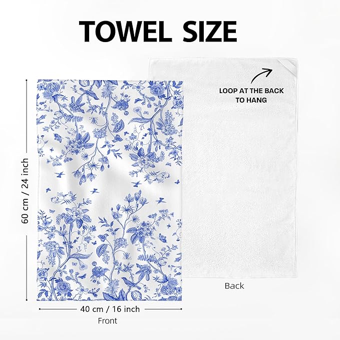 Chinoiserie Floral Kitchen Towels Decorative Set of 2, Soft Absorbent White Blue Flowers Bird Hand Tea Towels for Kitchen Farmhouse Holiday Home Decorations 16x24 Inch