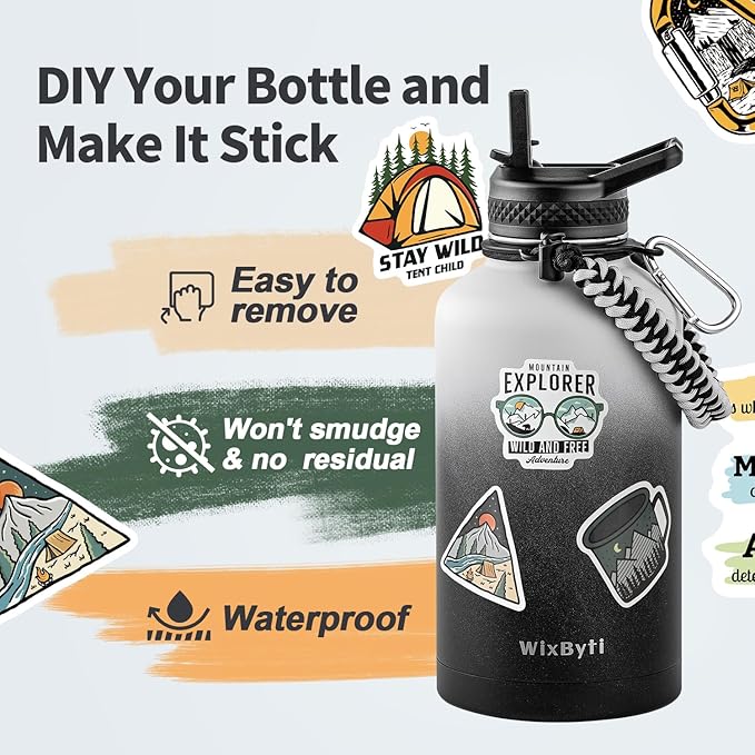 64 oz Insulated Water Bottle with Straw (Cold for 48 Hrs), Half Gallon Stainless Steel Triple Wall Vacuum Sports Water Jug, Leakproof Hydro Cup Flask with Straw Spout Lids & DIY Stickers