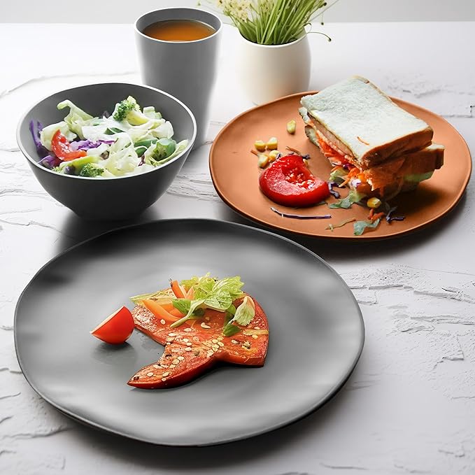 Teivio 32-Piece Kitchen Plastic Wheat Straw Dinnerware Set, Service for 8, Dinner Plates, Dessert Plate, Cereal Bowls, Cups, Unbreakable Plastic Outdoor Camping Dishes, Smoky Brown