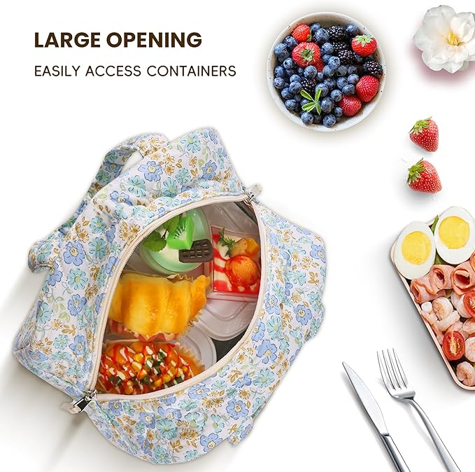 Quilted Lunch Box for Women,Insulated Cute Reusable Lunch Bag with Front Pocket,Pink Flower Stylish Lunch Tote Bag for Work, Office,Picnic, Travel,School (green blue floral)