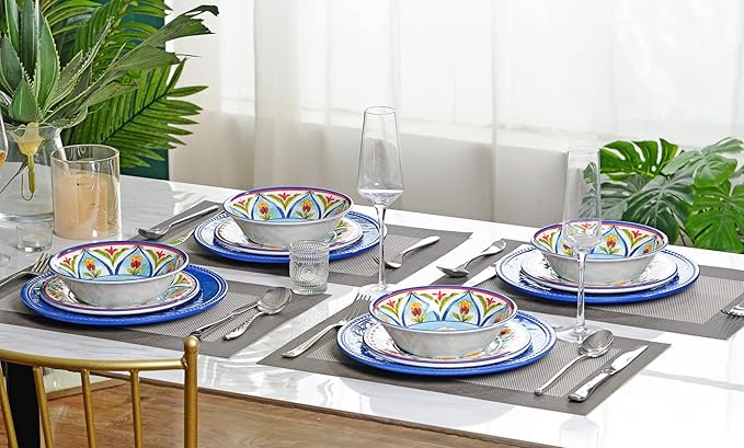 Melamine Dinnerware Sets, 12Pcs Dishes Set for 4, Plates and Bowls Sets Outdoor Dinnerware, Dishwasher Safe BPA free (Retro Style)