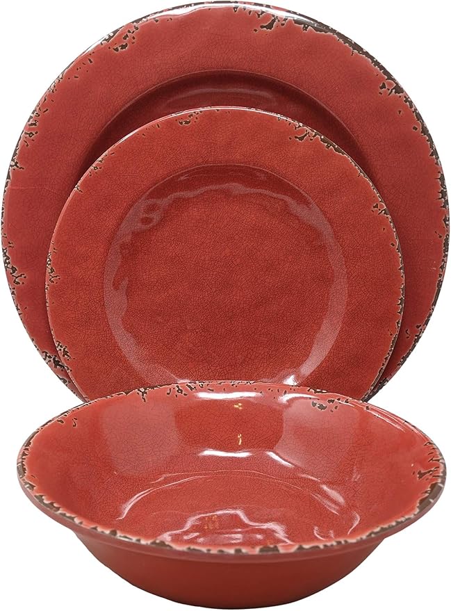 Gianna's Home 12 Piece Rustic Farmhouse Melamine Dinnerware Set, Service for 4 (Red)
