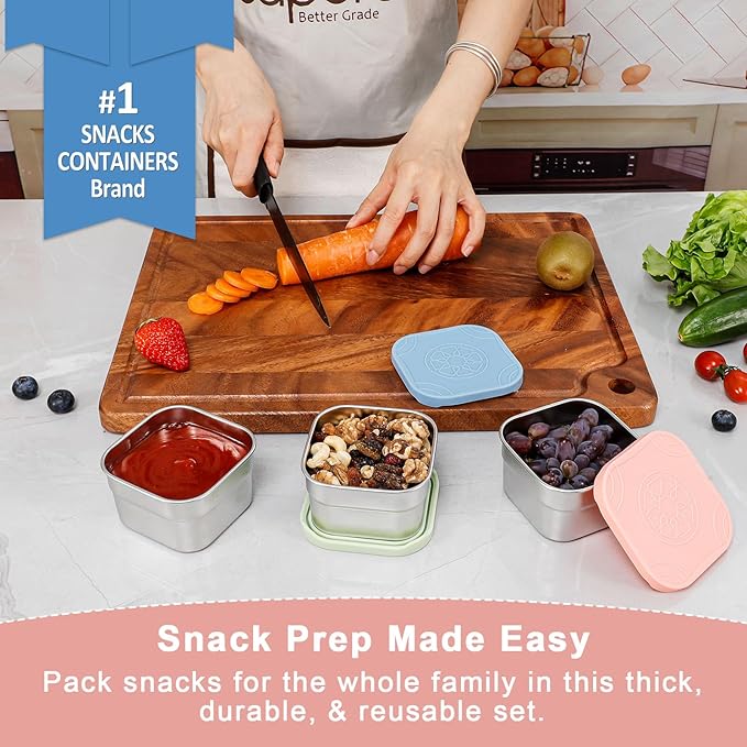 Caperci 3-Pack Stainless Steel Snack Containers with Silicone Lids - 8oz Leak-Proof Small Food Containers for Snacks Condiments - Large Salad Dressing Containers, Reusable & BPA-Free