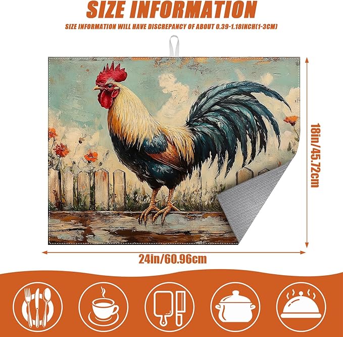 Vintage Rooster Dish Drying Mat for Kitchen Counter Microfiber Absorbent Dish Kitchen Drying Mat Draining Reusable Washable for Dishes/Utensils/Counterto