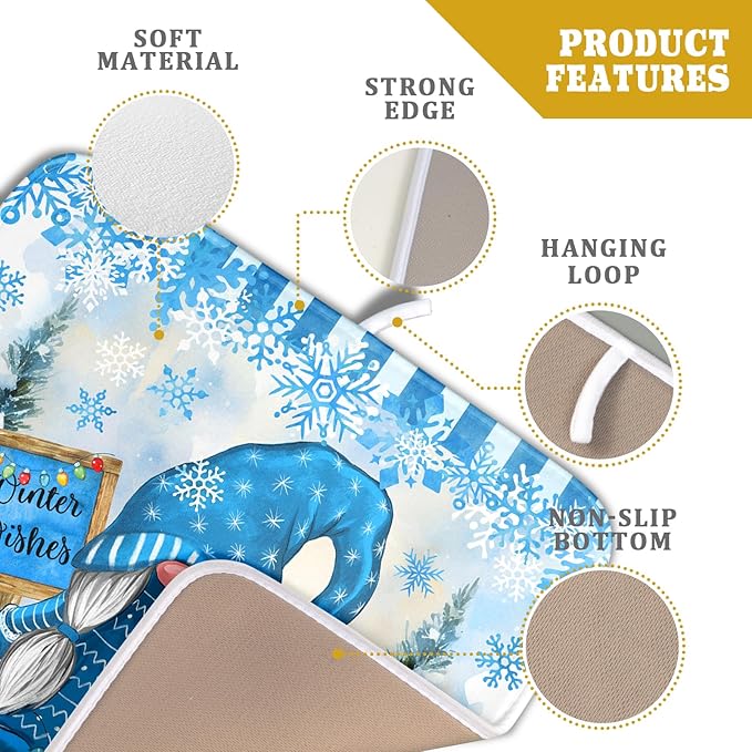 Winter Christmas Gnomes Dish Drying Mat 16x18 for Kitchen Counter Snowman Xmas Gift Tree Snowflake Large Absorbent Microfiber Fast Dry Dishes Draining Mats Holiday Kitchen Decor