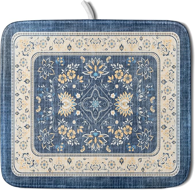 Blue Boho Dish Drying Mat for Kitchen Counter 16x18 Inch Fast Dry Drying Pad Vintage Floral Dish Drainer Rack Mats Coffee Bar Accessories