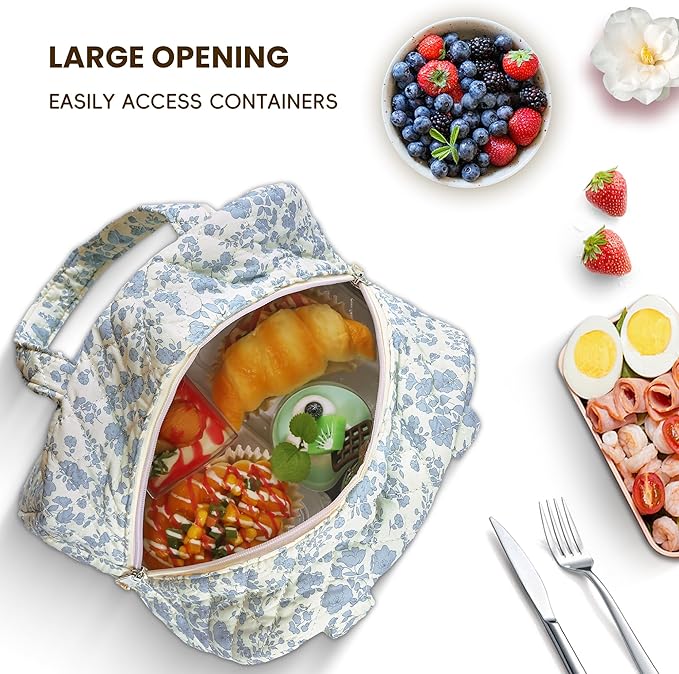 Quilted Lunch Box for Women,Insulated Cute Reusable Lunch Bag with Front Pocket,Pink Flower Stylish Lunch Tote Bag for Work, Office,Picnic, Travel,School (blue floral)