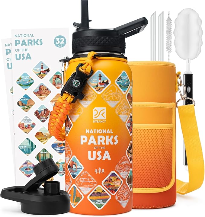 32 oz Insulated Water Bottle | Thickened Stainless Steel Vacuum Metal | Portable Sports Water Jug for Gym and Hiking with Straw, Carrier Bag, Handle Strap | BPA-Free 32 oz