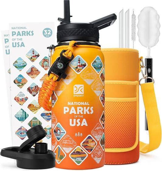 32 oz Insulated Water Bottle | Thickened Stainless Steel Vacuum Metal | Portable Sports Water Jug for Gym and Hiking with Straw, Carrier Bag, Handle Strap | BPA-Free 32 oz