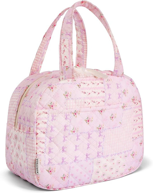 Quilted Lunch Box for Women,Insulated Cute Reusable Lunch Bag with Front Pocket,Pink Flower Stylish Lunch Tote Bag for Work, Office,Picnic, Travel,School (purple pin)