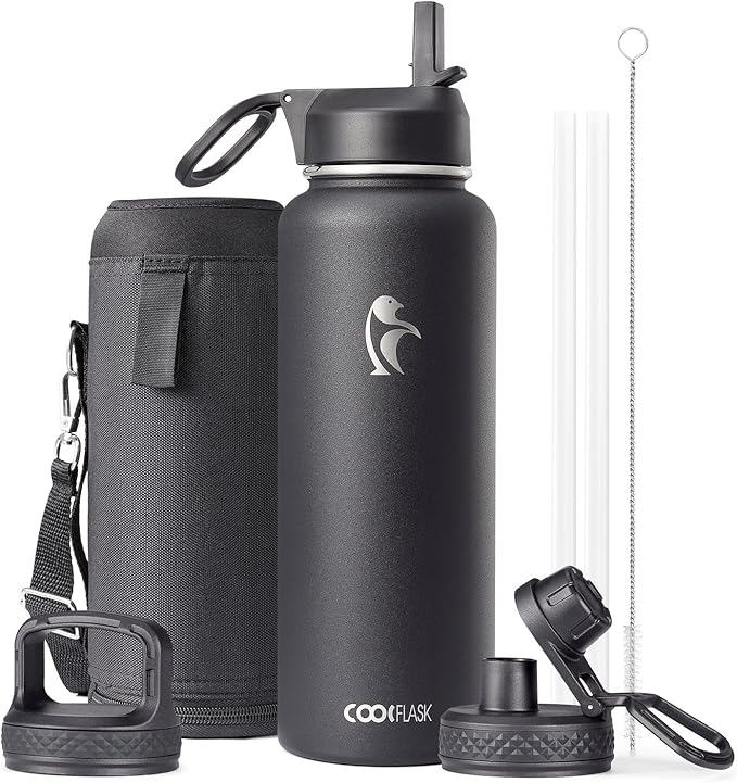 Water Bottle 40 oz Insulated with Straw&Brush, Coolflask Vaccum Stainless Steel Metal 3 Lids Water Flask for Sports, Gym or Office, Keep Cold 48H Hot 24H, Magic Black