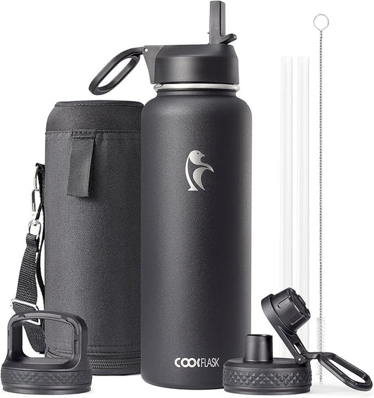 Water Bottle 40 oz Insulated with Straw&Brush, Coolflask Vaccum Stainless Steel Metal 3 Lids Water Flask for Sports, Gym or Office, Keep Cold 48H Hot 24H, Magic Black