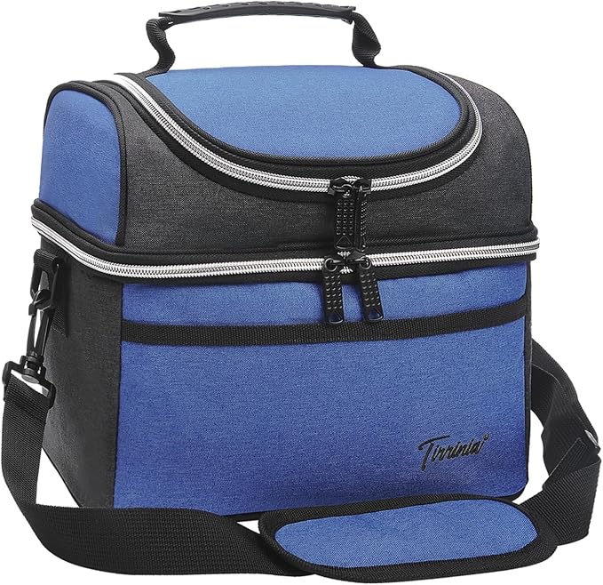Tirrinia Reusable Lunch Box for Men Women, Insulated Lunch Bag Adult Work, Double Decker Leakproof Lunchbox for Office Picnic Beach—Dual Compartment Lunch Cooler Bag,Blue