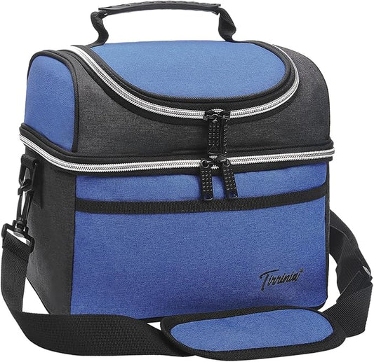 Tirrinia Reusable Lunch Box for Men Women, Insulated Lunch Bag Adult Work, Double Decker Leakproof Lunchbox for Office Picnic Beach—Dual Compartment Lunch Cooler Bag,Blue
