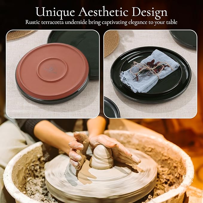 E-far Stoneware Dinnerware Sets for 4, 12 Pieces Reactive Glaze Plates and Bowls Sets, Elegant Dishes with Rustic Terracotta Base, Dishwasher & Microwave Safe, Scratch Resistant, Blackish Green