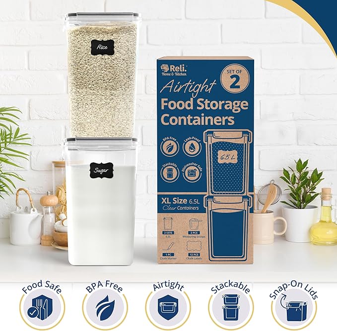 Reli. 6.5L Airtight Food Storage Containers with Lids (2 Sets) | Kitchen Organizers and Storage Containers, Pantry Organizers | BPA Free Plastic XL Set w/ 2 Measuring Cups, 12 Labels, Pen