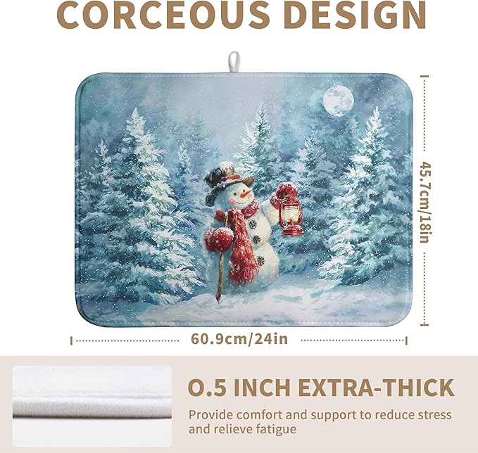 Winter Blue Snowman Dish Drying Mat Christmas Pine Tree Large Kitchen Mats Dish Drying Pad Xmas Absorbent Dish Dryer Mat for Kitchen Countertops Microfiber Drainer Pad Dish Drying Mats (18x24 in)