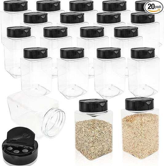 20 Pack 9 oz Plastic Spice Jars with Black Cap Clear Empty Square Plastic Spice Bottle Large Empty Seasoning Containers for Storing Spice Seasoning Powders