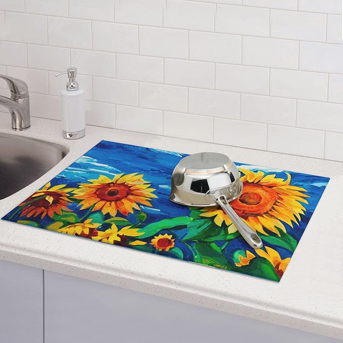 Sunflower Dish Drying Mat for Kitchen Counter Microfiber Super Absorbent Non-Slip Dish Drying Pad for Countertops Dishes Utensils Stylish Quick-Dry Machine Washable 18x24 Inch