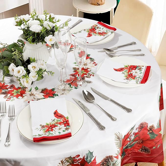 Christmas Cardinal Napkins, 18×18 Inch Floral Dinner Cloth Napkins Set of 6, Washable Cotton Soft Absorbent Square Napkins for Dining Kitchen Party Wedding Decoration