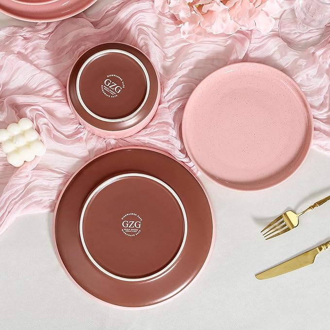 GZG Modern Art Series - 24 Pcs Speckled Stoneware Plates and Bowls Sets, Ceramic Dinnerware Set with Rustic Terracotta Underside, Microwave and Dishwasher Safe Handcrafted Dishes Set - Blush Pink