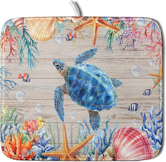 Sea Turtle Dish Drying Mat 16x18 inch Tropical Ocean Fast Dry Absorbent Microfiber Dishes Drainer Rack Pad for Countertop Bar Table Decor