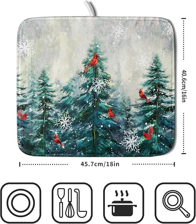 Pine Tree Dish Drying Mat for Kitchen Countertop Red Bird Dishes Mats Winter Decorative Absorbent Reversible Drainer Rack Pad 16x18 Inch