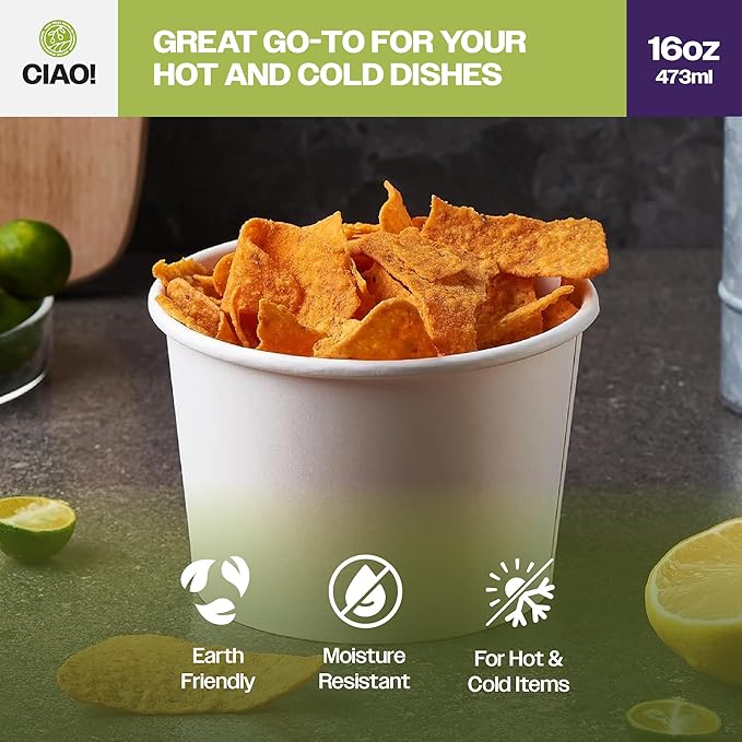 CIAO! 16OZ Disposable White Paper Food Container, 115mm Diameter, Lids Sold Separately (500/case)