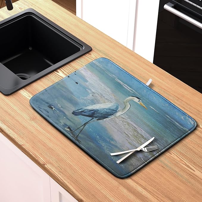 Summer Blue Dish Drying Mat for Kitchen Counter 16x18 Inch Heron Coastal Beach Drying Mats Nautical Ocean Bird Dishes Drainer Mats Microfiber Absorbent Dish Rack Pad